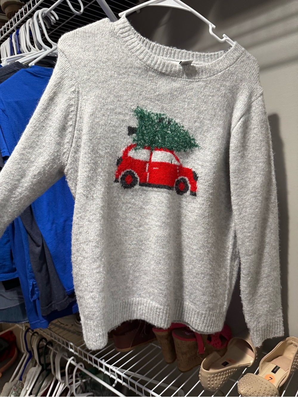 cupcakes & cashmere Gray Crewneck Sweater with Red Car and Green Tree